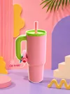 BLOOFY Insulated Tumbler | Tumbler with Handle and Straw | Cup Holder Friendly for Travel | Leakproof Water Bottle | BPA-Free | Pink