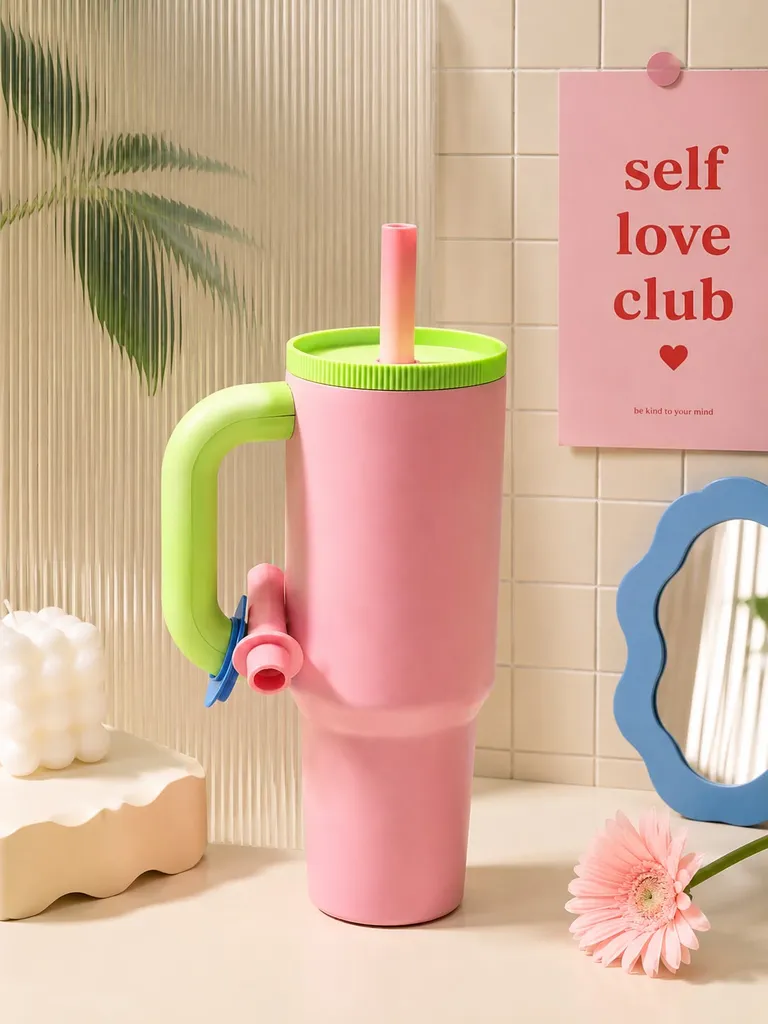 BLOOFY Insulated Tumbler | Tumbler with Handle and Straw | Cup Holder Friendly for Travel | Leakproof Water Bottle | BPA-Free | Pink