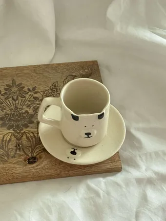 Heem Decor | Bear Mug & Saucer | Cream Ceramic Mug with Matching Saucer