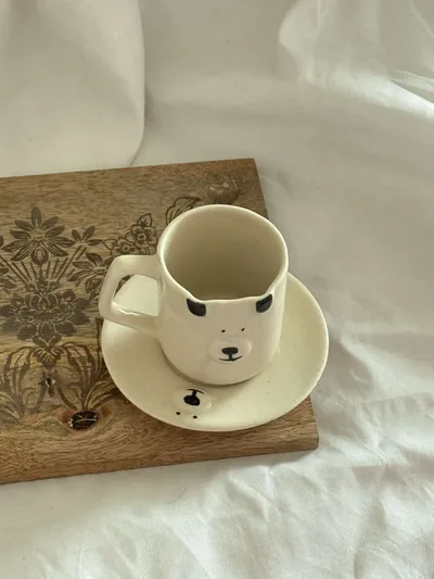 Heem Decor | Bear Mug & Saucer | Cream Ceramic Mug with Matching Saucer