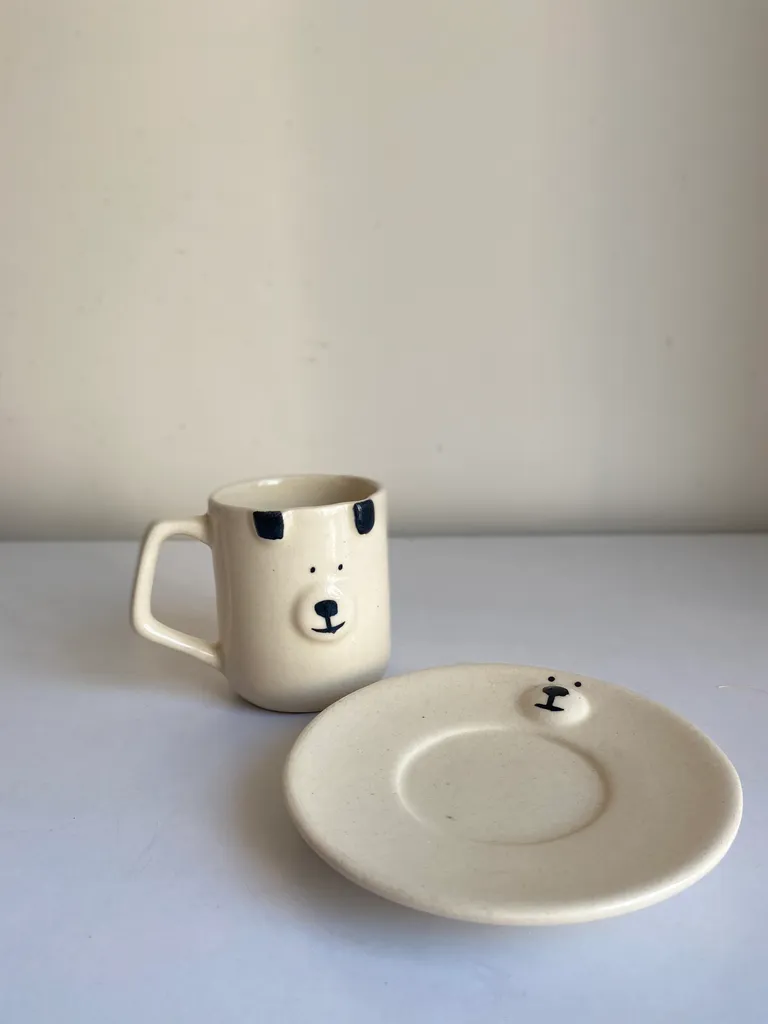 Heem Decor | Bear Mug & Saucer | Cream Ceramic Mug with Matching Saucer
