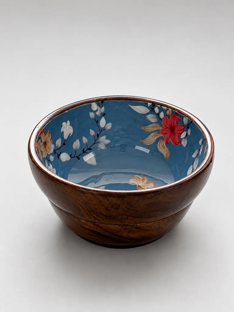 Heem Decor | Fuji Blossom | 8-Inch Japanese-Inspired Floral Enamel-Coated Mango Wood Salad & Serving Bowl