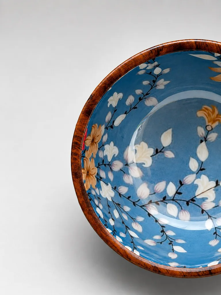 Heem Decor | Fuji Blossom | 8-Inch Japanese-Inspired Floral Enamel-Coated Mango Wood Salad & Serving Bowl