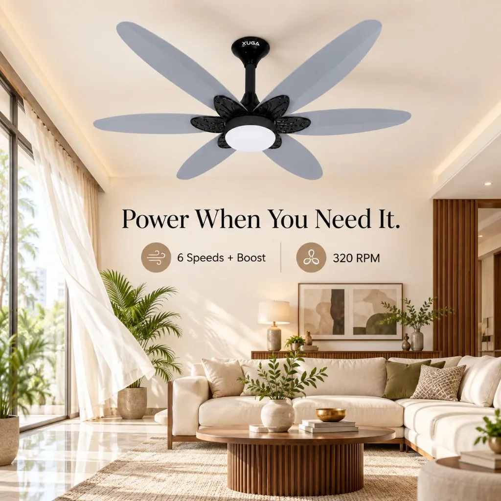 XUGA Velor F11G BLDC Ceiling Fan for Home | 1200mm Sweep | 320 RPM High Speed | 210 CMM Air Delivery | Remote Control with 6+Boost Speeds | 32W Energy Saving Motor | Silent Operation | 5 Year Warranty | Grey