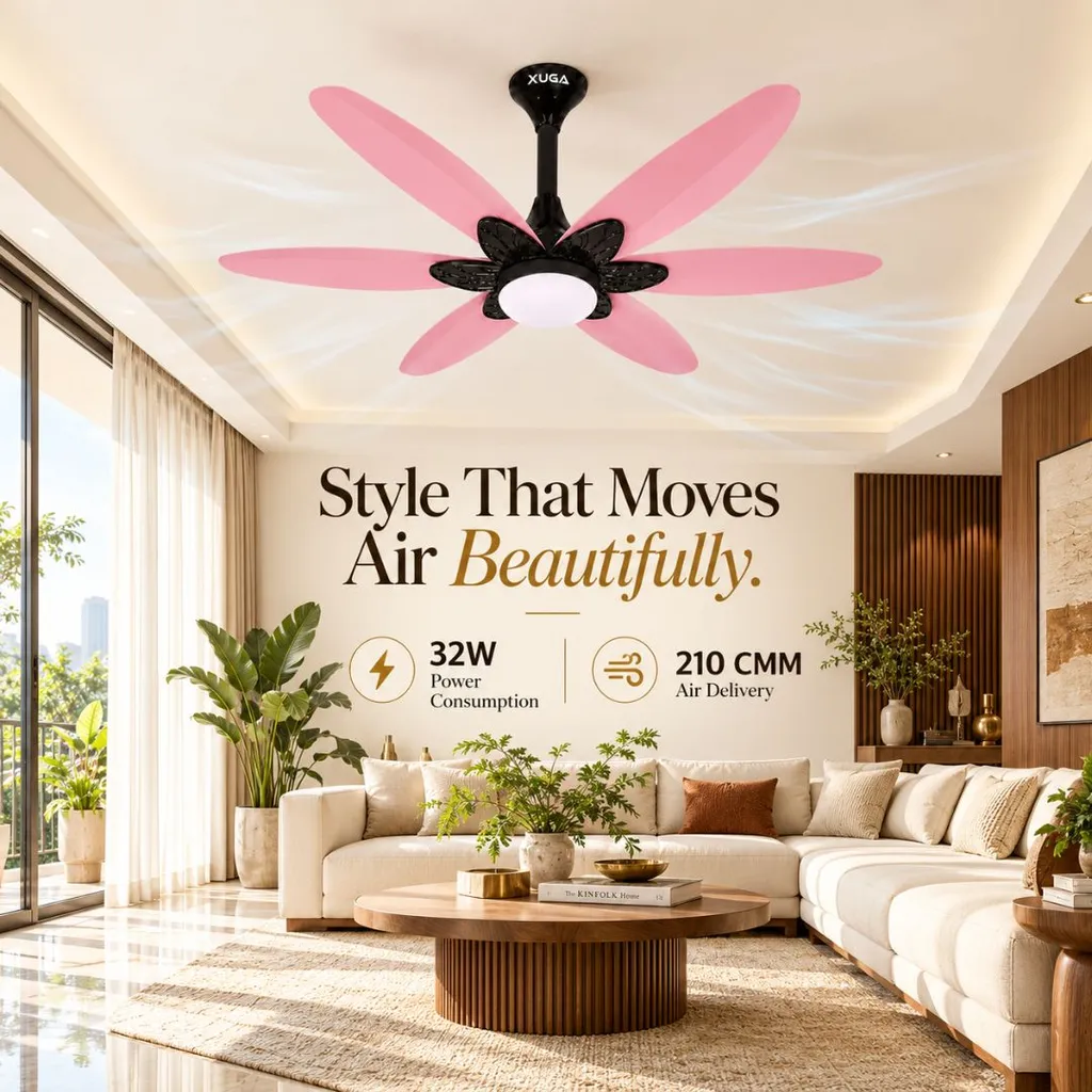 XUGA Velor F11L BLDC Ceiling Fan for Home | 1200mm Sweep | 320 RPM High Speed | 210 CMM Air Delivery | Remote Control with 6+Boost Speeds | 32W Energy Saving Motor | Silent Operation | 5 Year Warranty | Pink