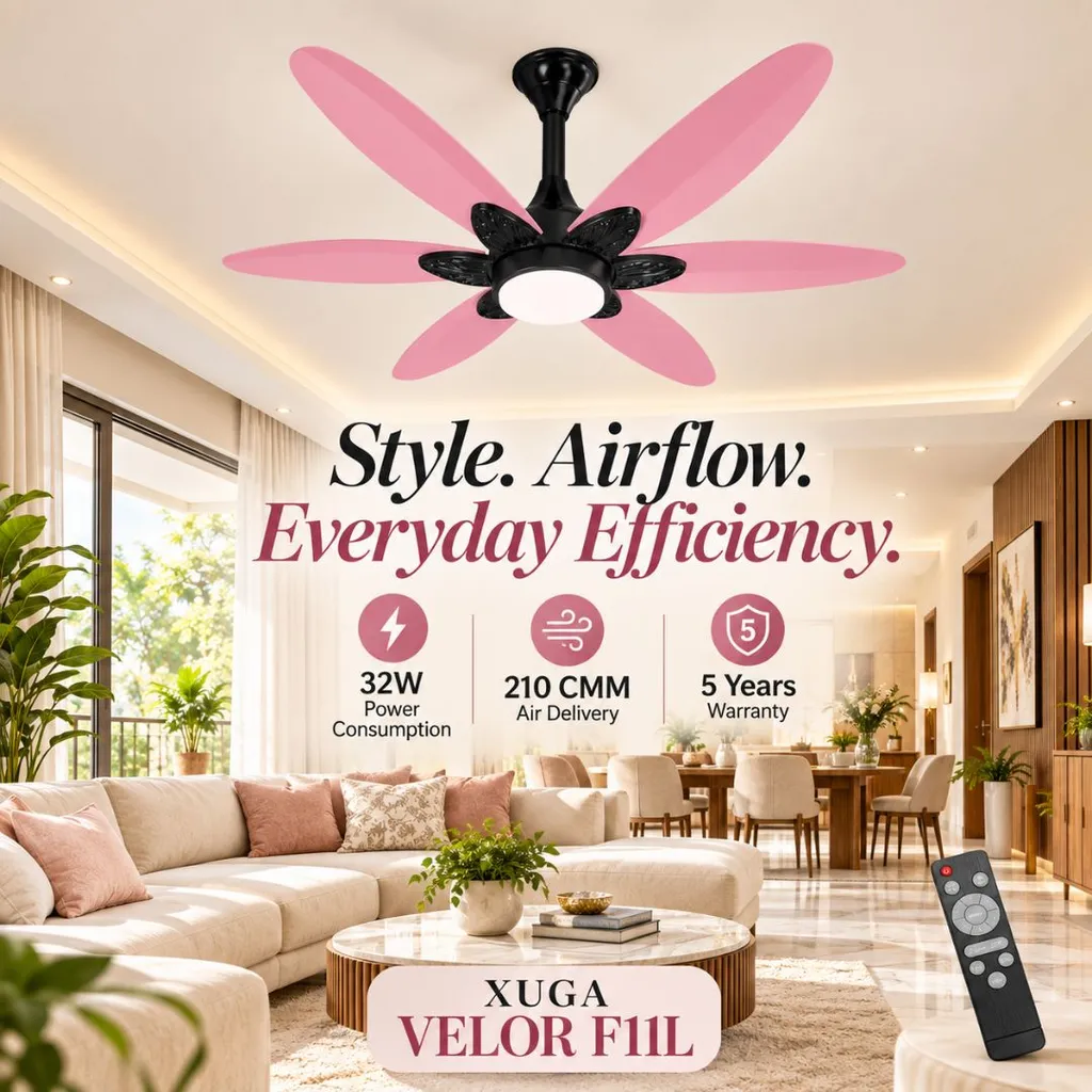 XUGA Velor F11L BLDC Ceiling Fan for Home | 1200mm Sweep | 320 RPM High Speed | 210 CMM Air Delivery | Remote Control with 6+Boost Speeds | 32W Energy Saving Motor | Silent Operation | 5 Year Warranty | Pink