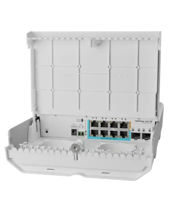 Mikrotik CSS610-1Gi-7R-2S+OUT netPower Lite 7R An outdoor reverse PoE switch with Gigabit Ethernet and 10G SFP+ ports.