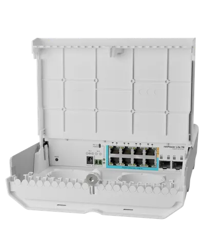 Mikrotik CSS610-1Gi-7R-2S+OUT netPower Lite 7R An outdoor reverse PoE switch with Gigabit Ethernet and 10G SFP+ ports.