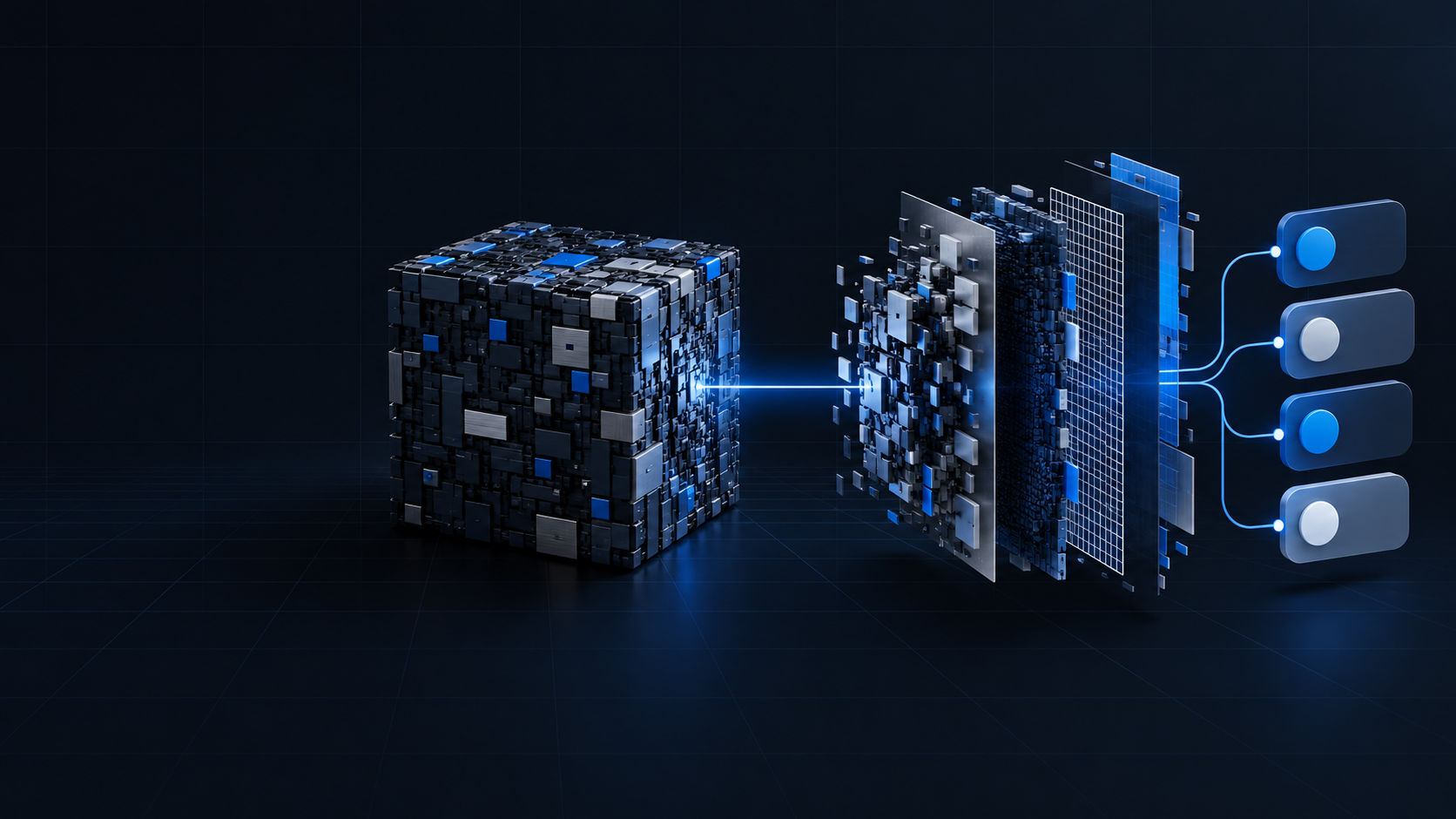A sealed compiled software block opening into an ordered flow of connected components, illustrating reverse engineering with AI agents.