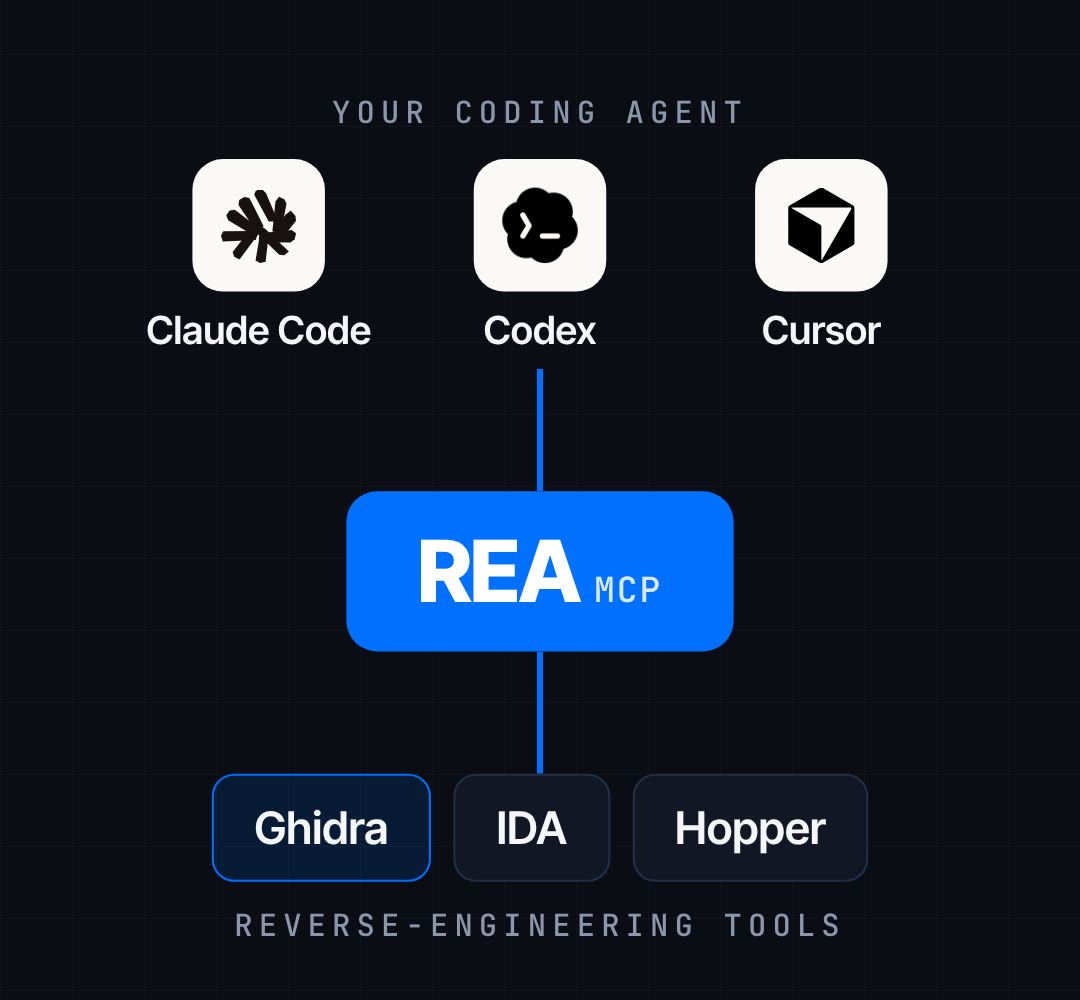 Diagram: Claude Code, Codex and Cursor connect to the REA MCP server, which drives Ghidra, IDA and Hopper.