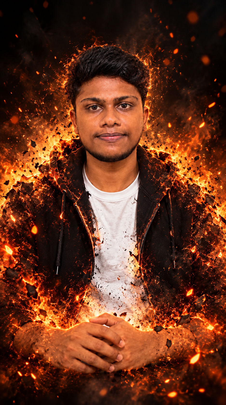 Fire fade style: portrait with edges dissolving into glowing embers and sparks