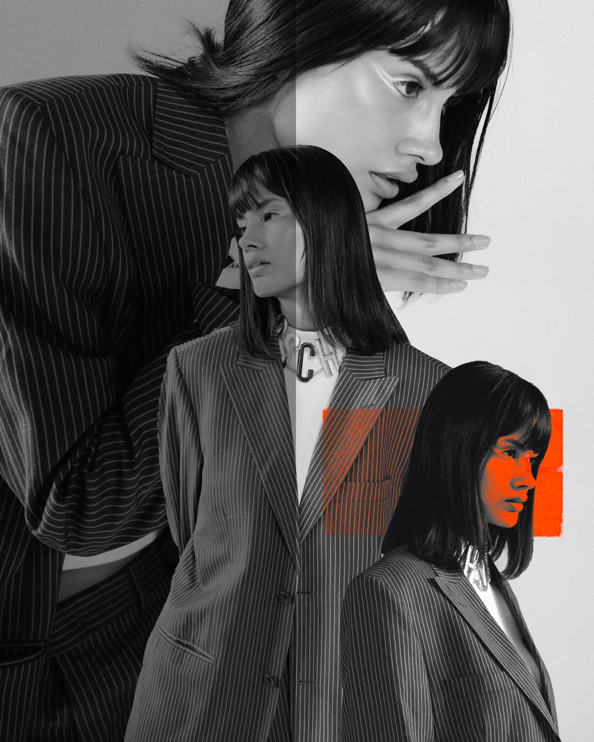 Retratos superpuestos de Pierina con acento naranja