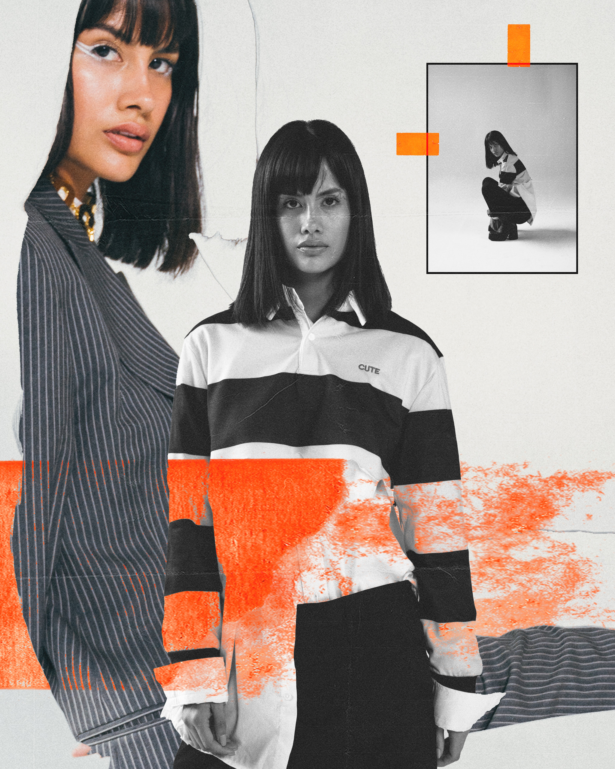 Collage de Pierina con detalles gráficos naranjas