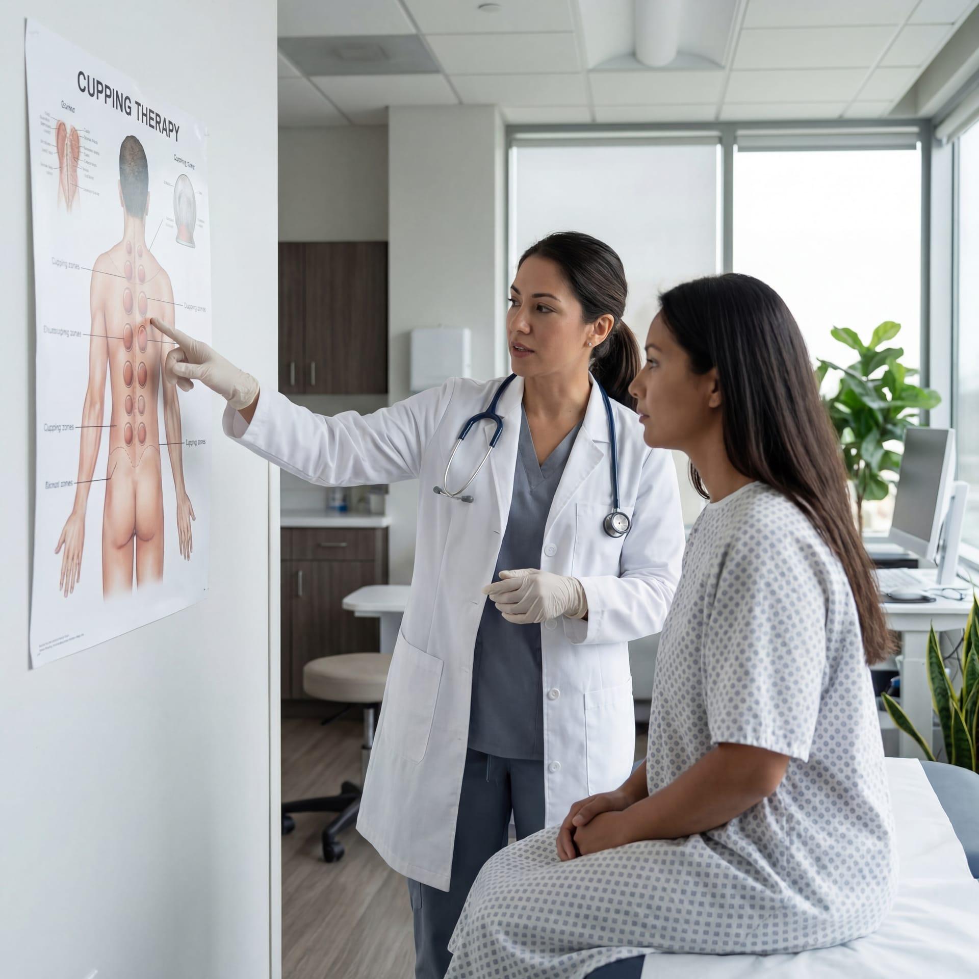 Un médecin montre à une patiente les zones du dos travaillées en cupping thérapie