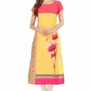 Yellow American Crepe Stylish Women Printed Kurti