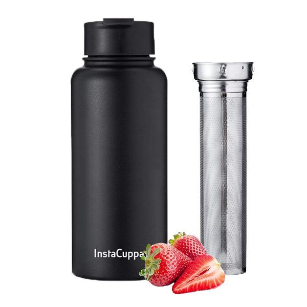 InstaCuppa Thermos Fruit Infuser Water Bottle 1 Litre, Stainless Steel Infusion Unit, Detox Infused Recipe eBook, 2 Lids (Black)