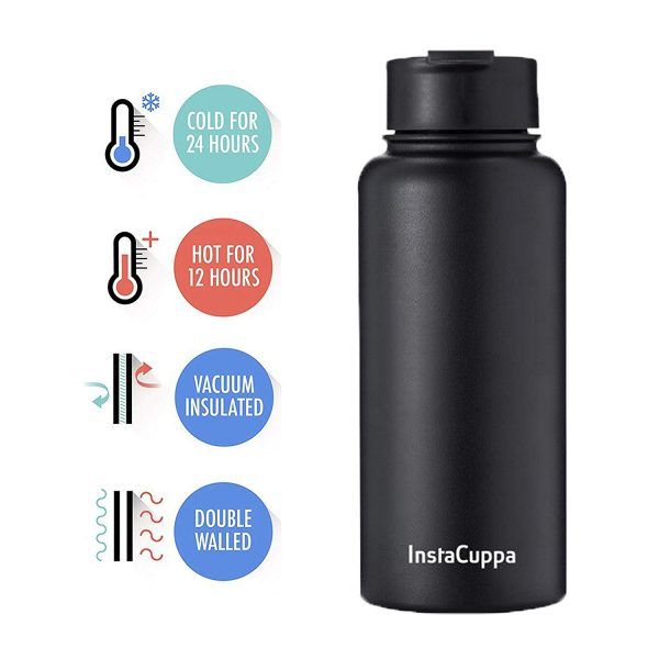 InstaCuppa Thermos Fruit Infuser Water Bottle 1 Litre, Stainless Steel Infusion Unit, Detox Infused Recipe eBook, 2 Lids (Black) details