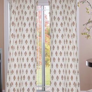 Jewear 100% Cotton Hand Block Gold & Mustard Yellow Flower Printed Eyeleted Curtains The Size Length 7ft & Width 3.6ft Set of 2 Pieces.