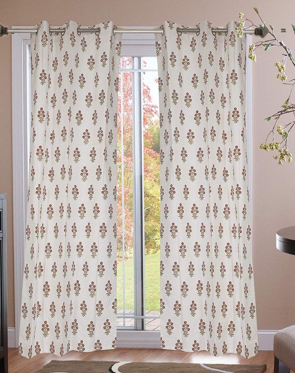 Jewear 100% Cotton Hand Block Gold & Mustard Yellow Flower Printed Eyeleted Curtains The Size Length 7ft & Width 3.6ft Set of 2 Pieces.