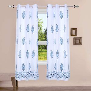 Linenwalas 100% Cotton Hand Block Textile Art Door Curtain Set - 7ft (Set of 2 pcs) - Cobalt & Powder Blue