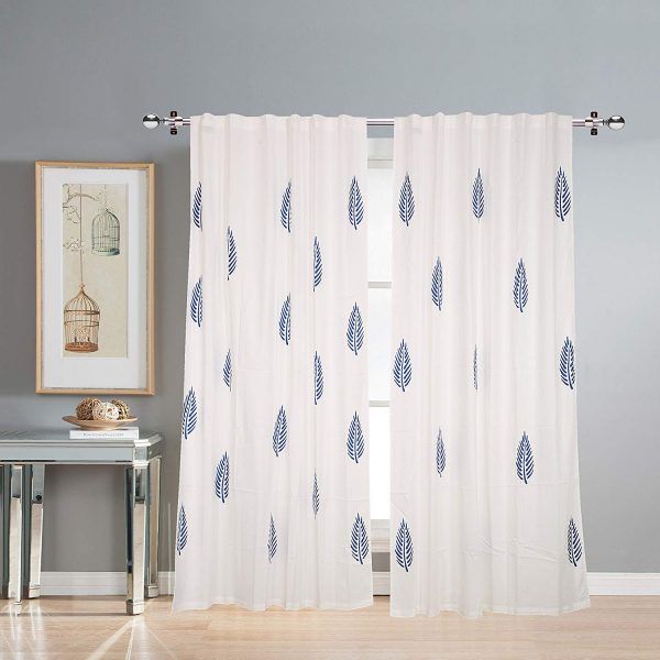 Linenwalas 2 Piece Hand Block Blue Leaf Print Cotton Door Curtain (Set of 2) - White - 7ft