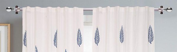 Linenwalas 2 Piece Hand Block Blue Leaf Print Cotton Door Curtain (Set of 2) - White - 7ft top