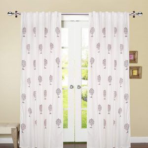 Linenwalas 2 Piece Hand Block Tree Print Cotton Door Curtain (Set of 2 pcs) - White - Maroon - 7ft