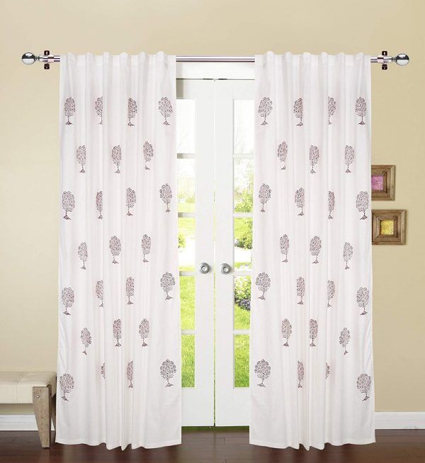 Linenwalas 2 Piece Hand Block Tree Print Cotton Door Curtain (Set of 2 pcs) - White - Maroon - 7ft