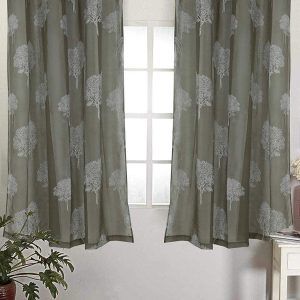 Linenwalas Elegant Rubber Tree Print Design Non Blackout Sheer Door Curtain with Eyelet Rings - Set of 2 - Olive Green