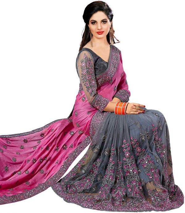 Nivah Fashion Satin & Net Embroidery Half & Half Saree with Blouse Piece details