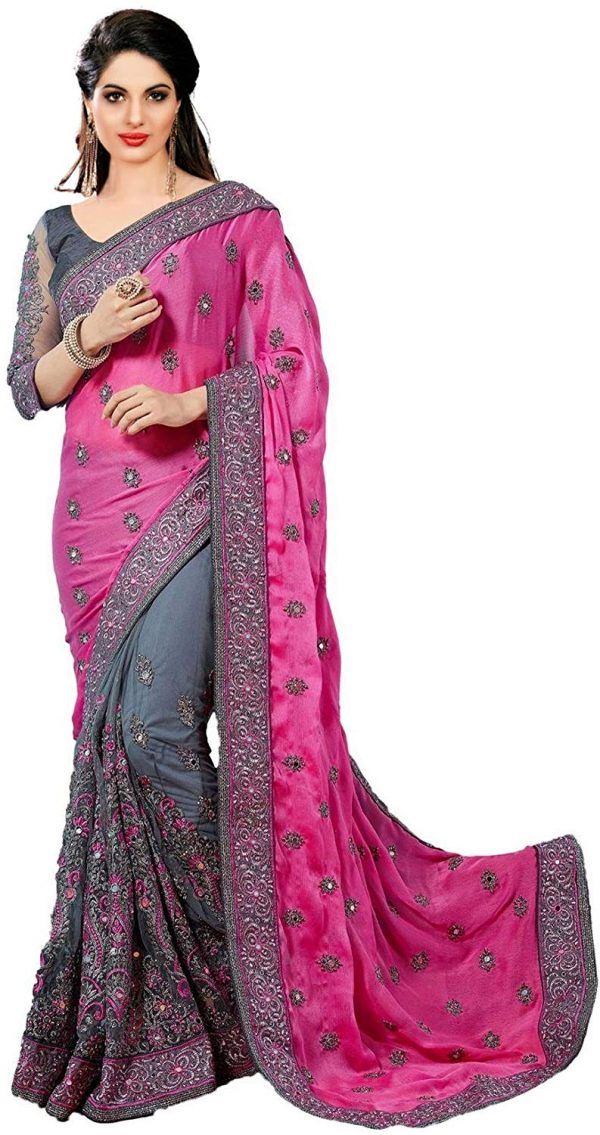 Nivah Fashion Satin & Net Embroidery Half & Half Saree with Blouse Piece(K608)