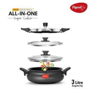 Pigeon By Stovekraft Belita Hard Anodized Super Cooker Set, 3 Ltrs, 4-Pieces, Black