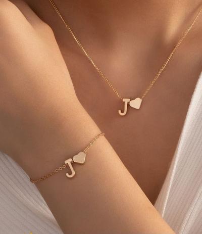 Heart Initial Letter Gold Plated Necklace & Bracelet Set