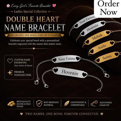 Double Heart Silver Customize Name Bracelet