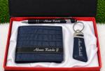 Crocodile navy blue leather wallet with keychain and pen gift set in Pakistan