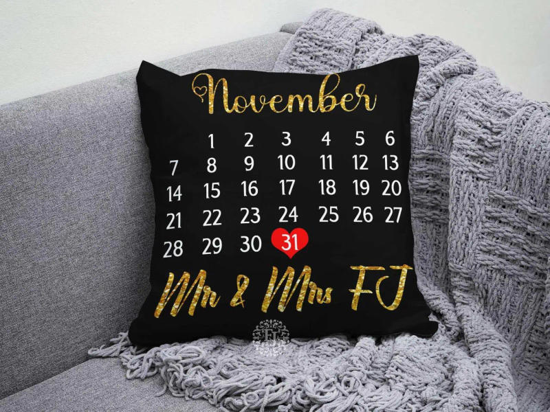 Black Calendar Date "Mr & Mrs" Cushion