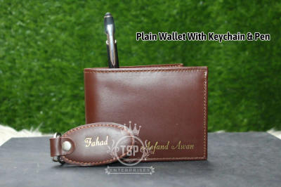 Black Leather Wallet + Name Keychain in Premium Gift Box