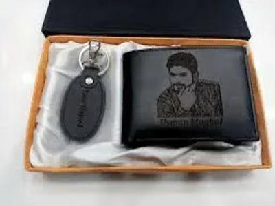 Black Photo Wallet — Name Engraved + Leather Keychain