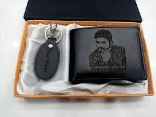 Black Photo Wallet — Name Engraved + Leather Keychain — Rs 1,400 in Pakistan