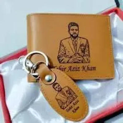Brown Leather Wallet Gift Set — Custom Name & Keychain