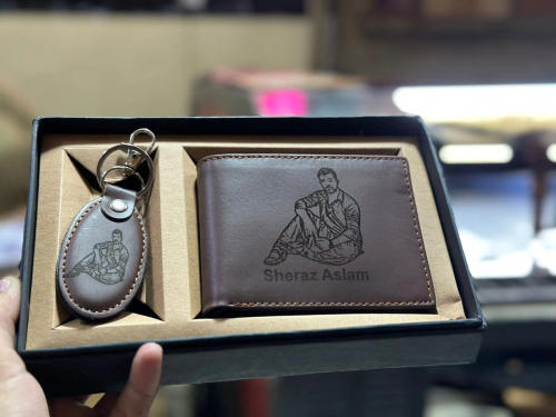 Brown Leather Wallet — Name Embossed + Matching Keychain — Rs 1,400 in Pakistan