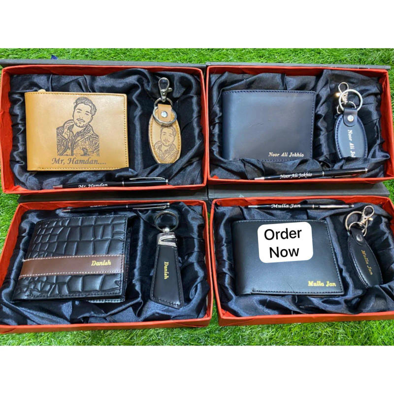 Brown Leather Wallet β Portrait & Name Engraved + Keychain Gift Set