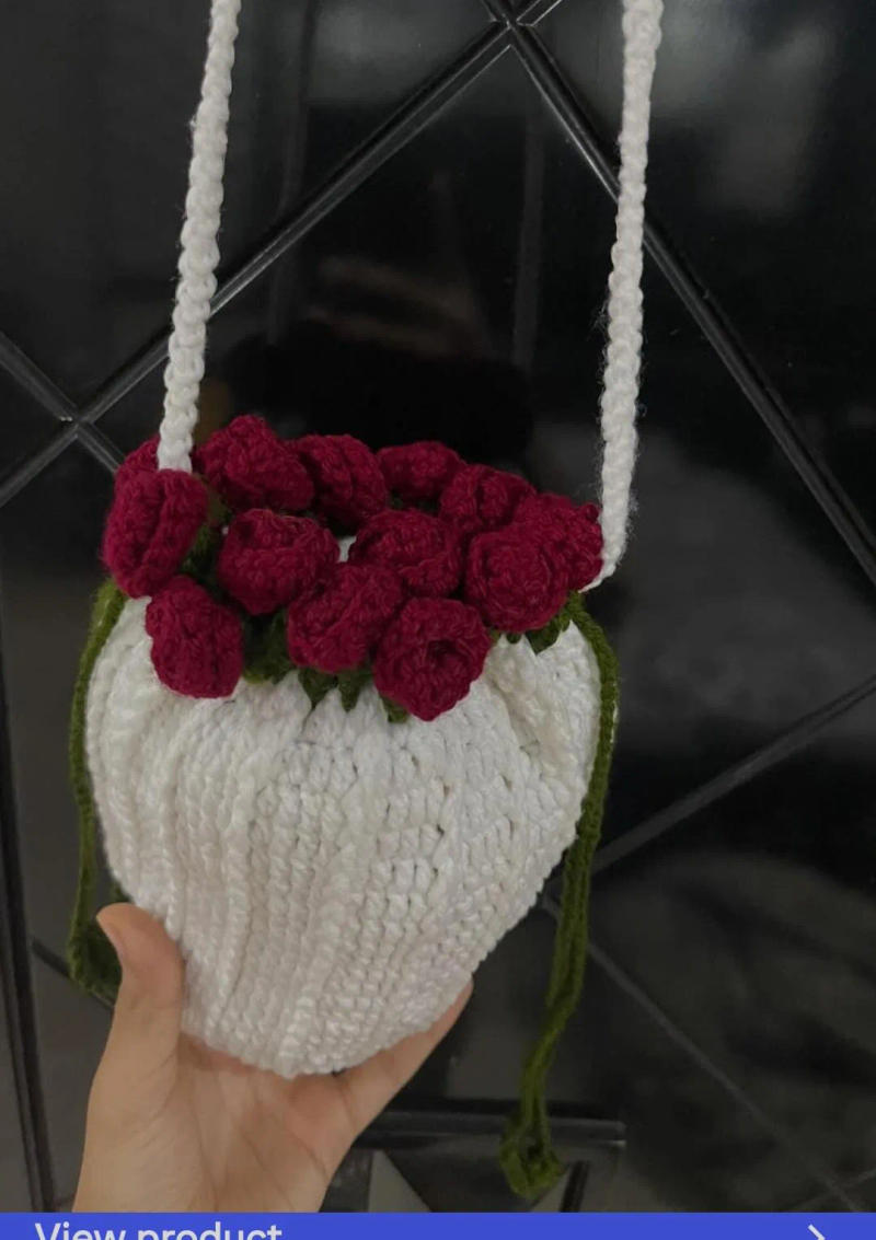 Crochet Rose Drawstring Bag