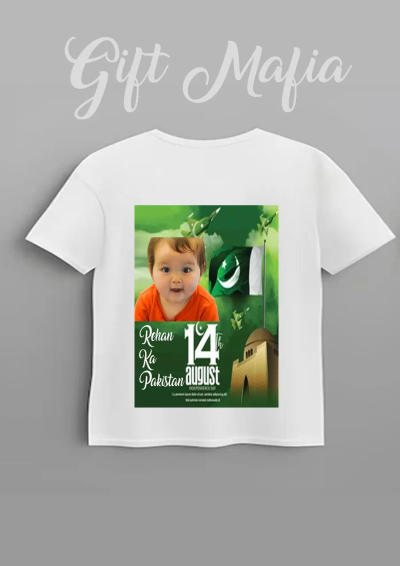 Custom 14th August kids' shirt dress printed with a child's picture and Pakistan flag theme