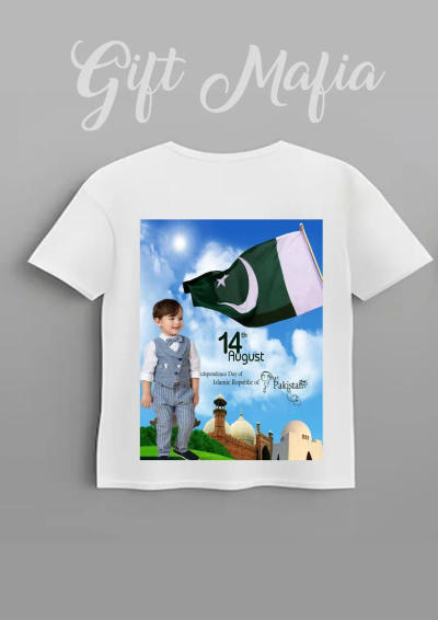 Custom 14th August kids' T-shirt printed with a child's picture, name and Pakistan flag