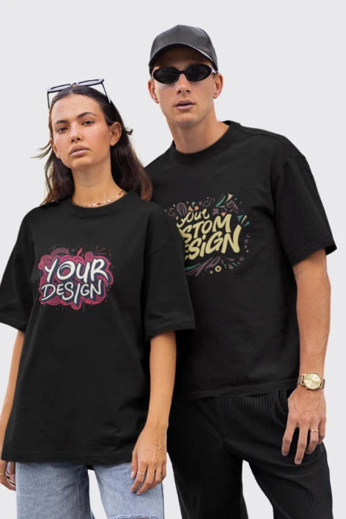 Custom Printed Black Couple Drop Shoulder T-Shirts in Pakistan