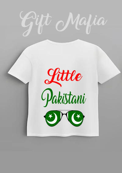 Custom little Pakistani kids' dress for 14th August with picture and flag theme