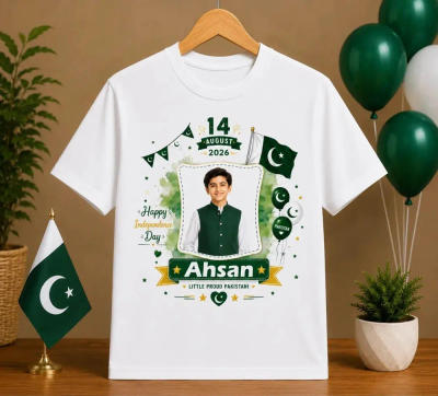 Customized 14 August kids t-shirt with photo, name and a Happy Independence Day Little Proud Pakistani design