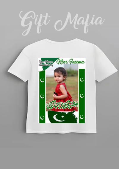 Custom printed Pakistani flag kids' T-shirt with a child's picture for 14th August