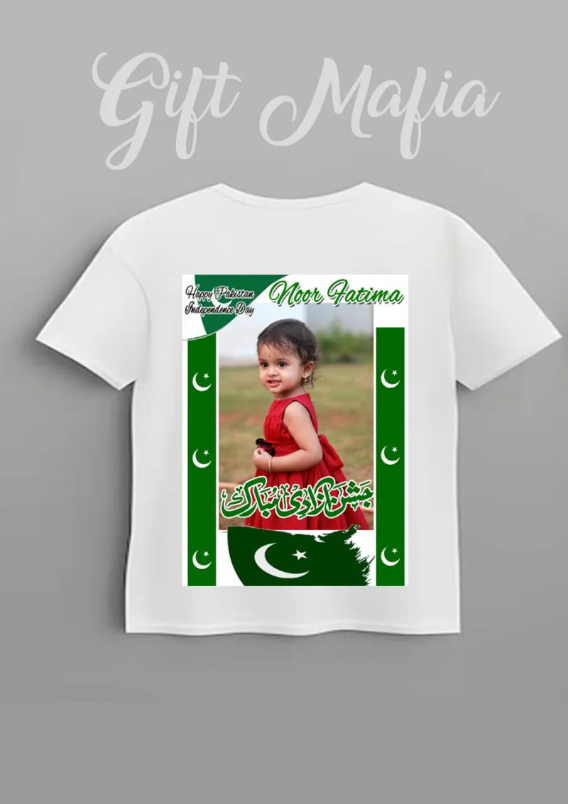 Custom printed Pakistani flag kids' T-shirt with a child's picture for 14th August